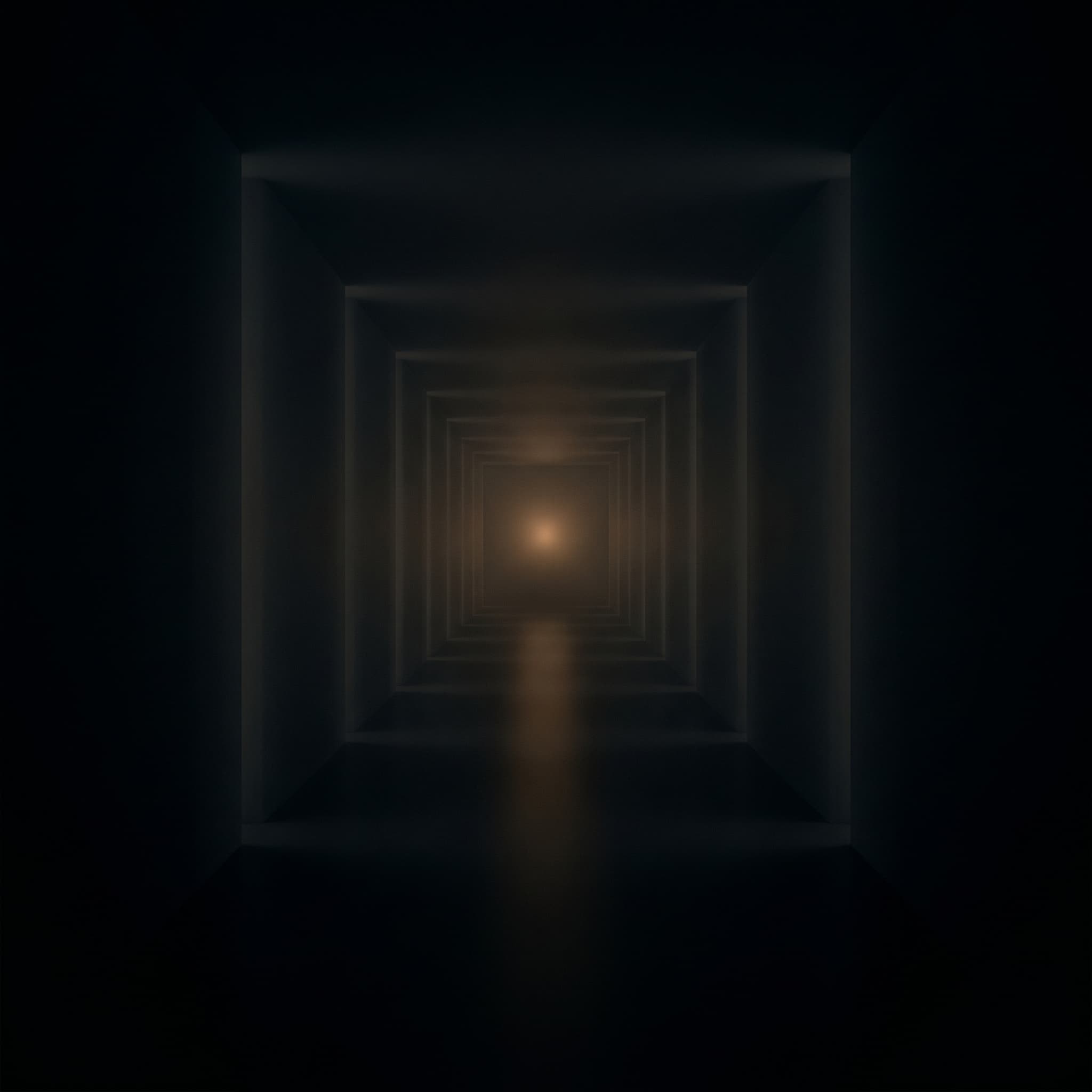 Atmospheric corridor receding into depth with a warm bronze light source